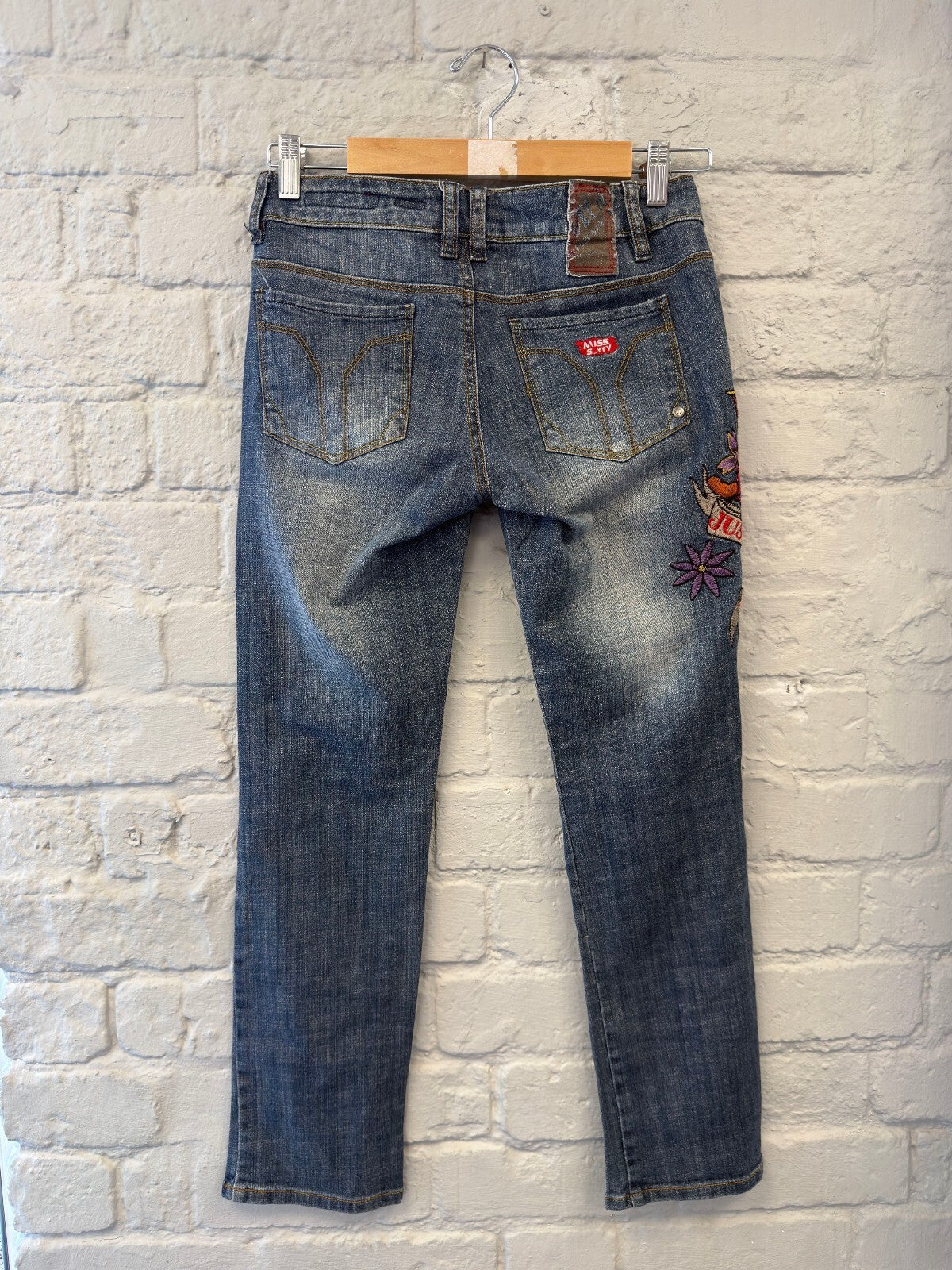 Miss Sixty Denim Capris with Embroidered Butterfly and Floral Design