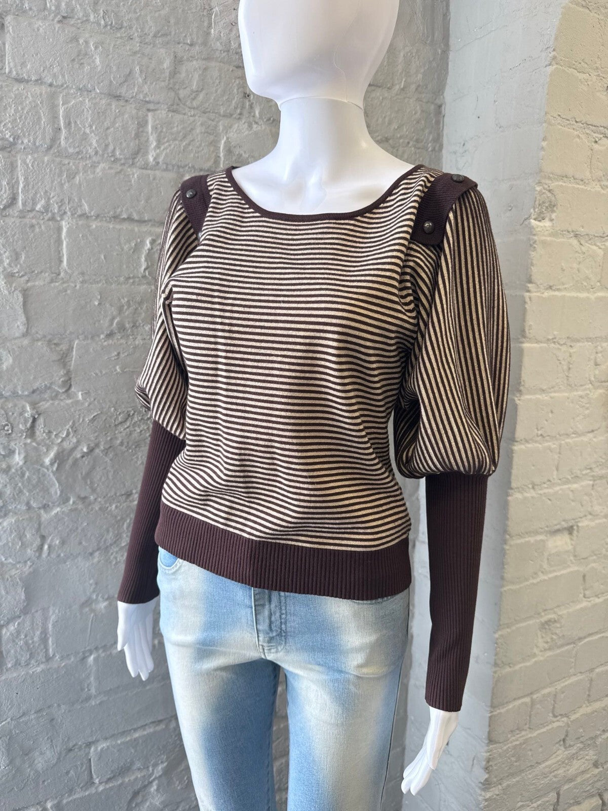 Brown Striped Puff Sleeve Jumper with Button Detail