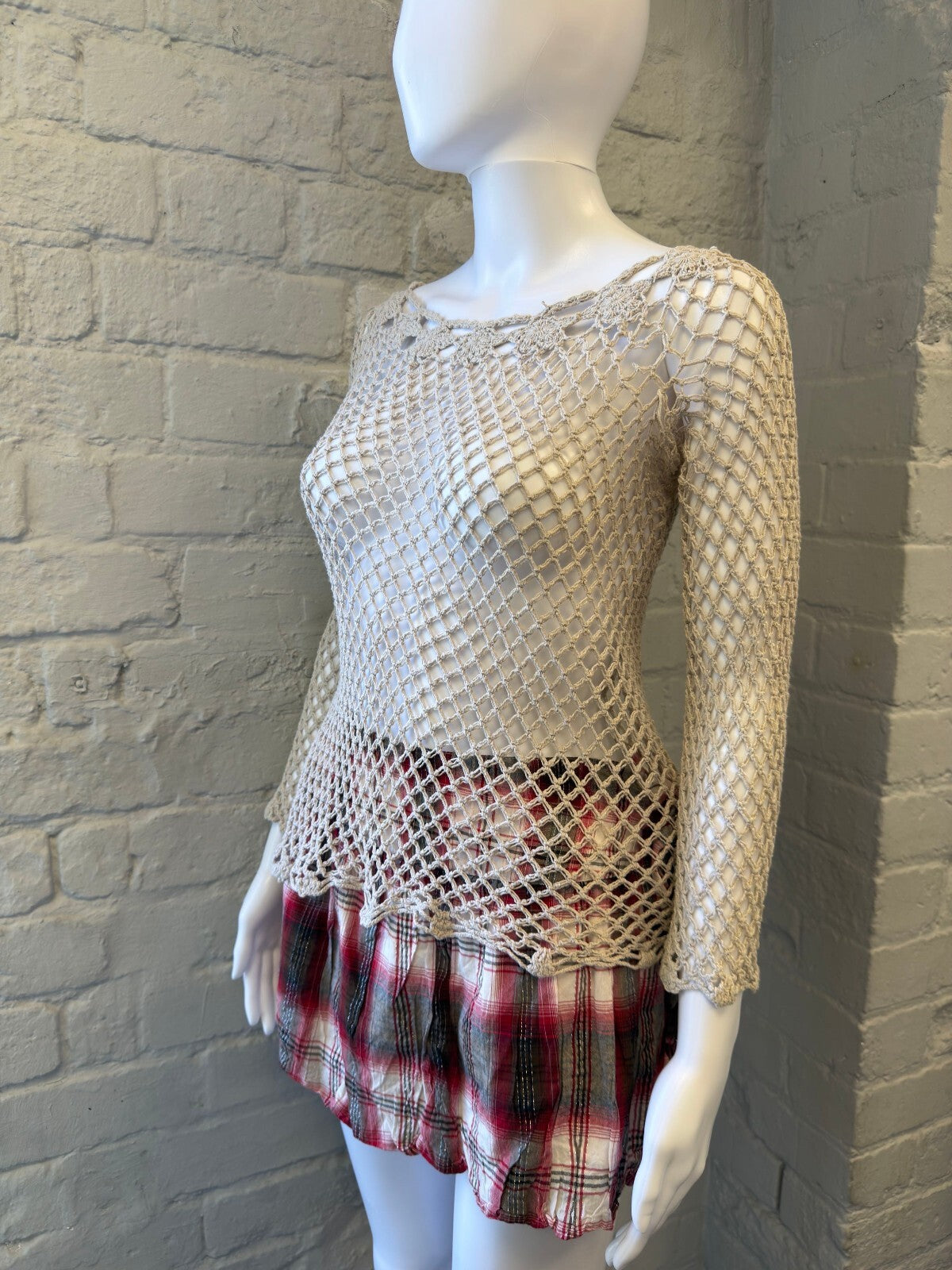 Beige Crochet Knit Long Sleeve Top