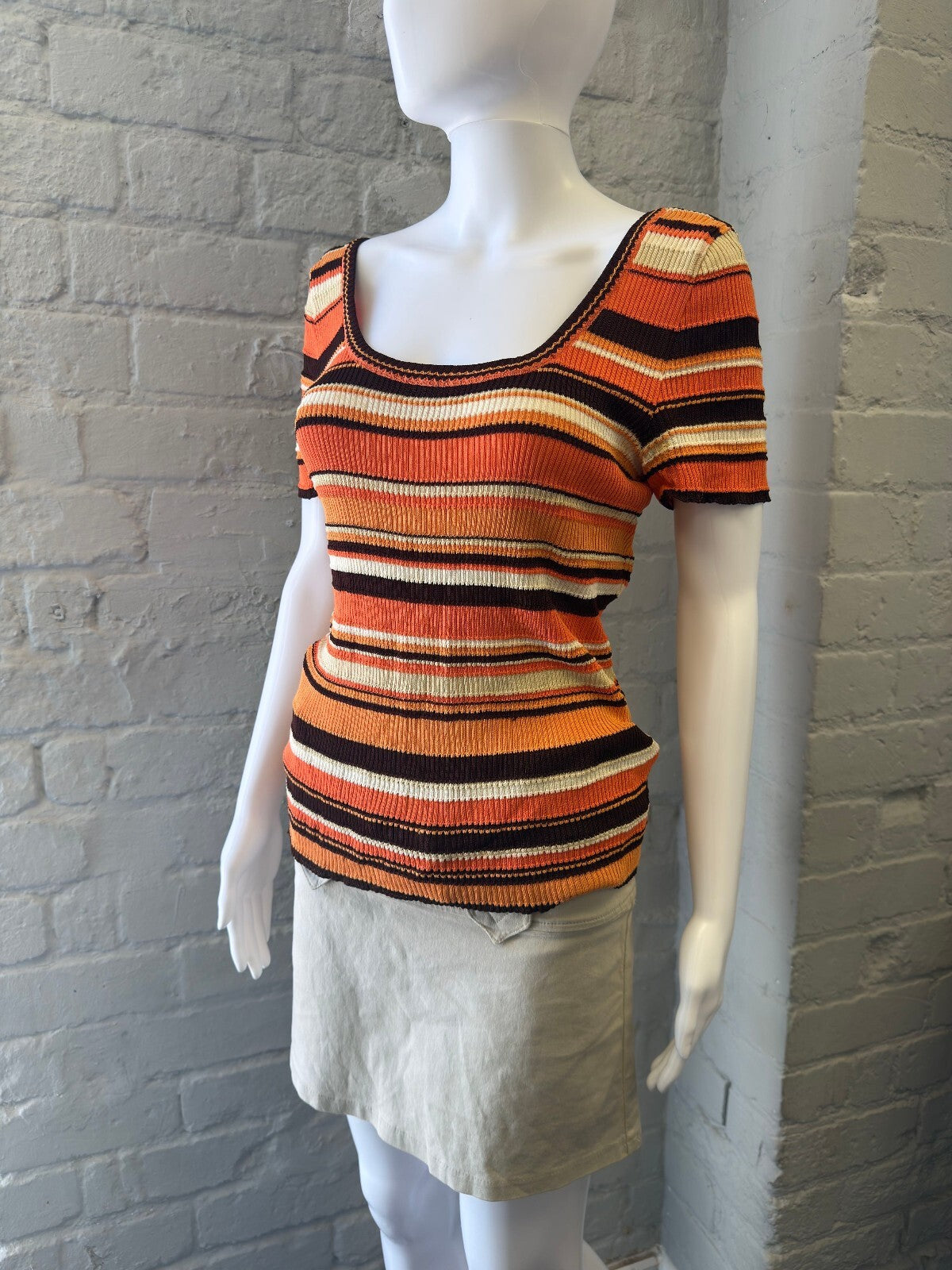 Escada Striped Ribbed Knit Top with Back Bow Detail