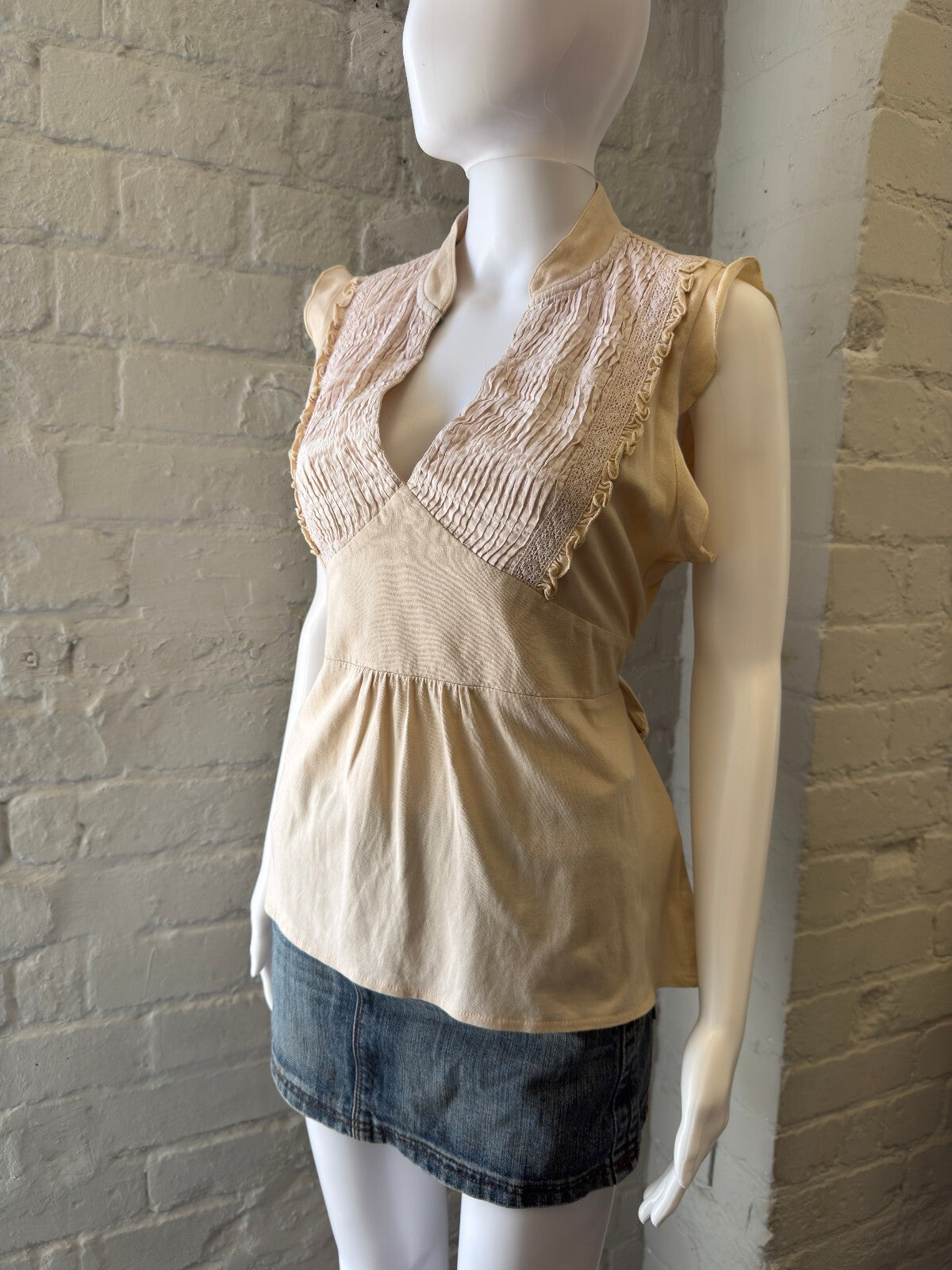 Beige Sleeveless Top with Lace Detail and Tie Back