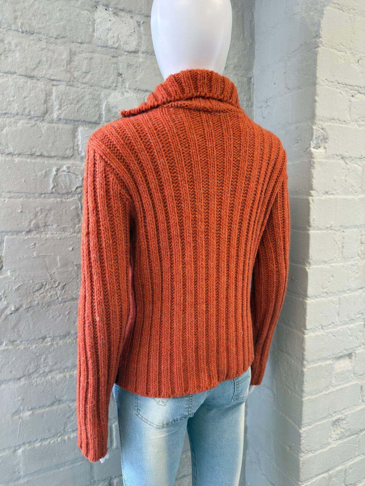 Vintage Orange Knit Zip-Up Cardigan with Faux Fur Front