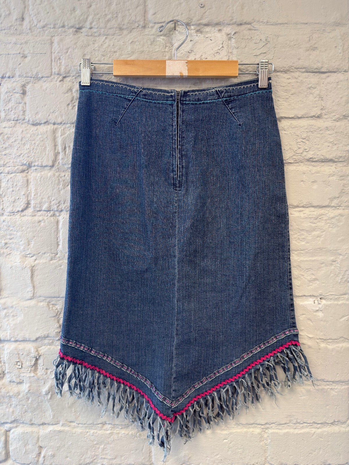 Denim Skirt Y2K with Fringed Hem and Pink Trim