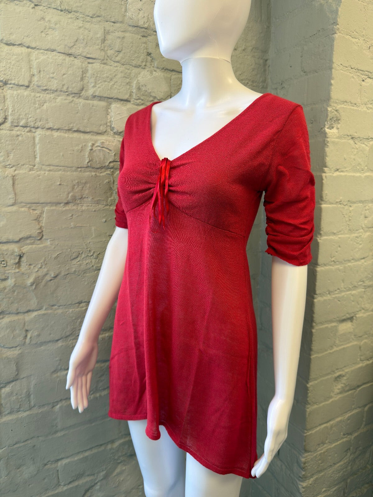 Red Ruched Knit Mini Dress