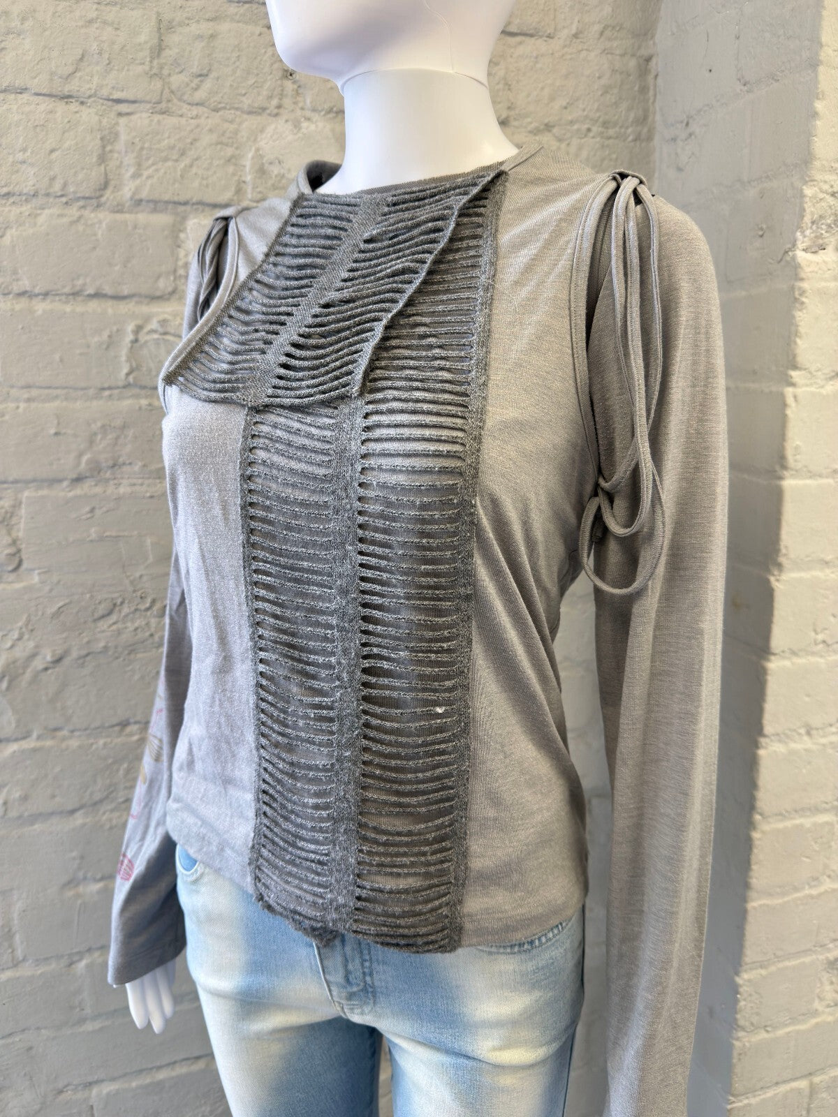 Unique Grey Long Sleeve Top with Knit Front Detail