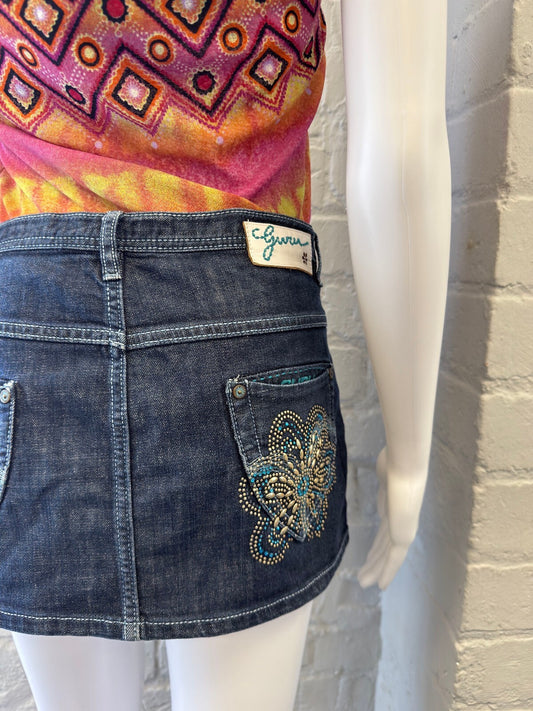 Guru Dark Denim Mini Skirt with Embellished Pockets