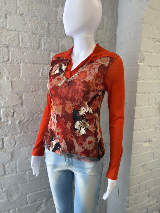 Vintage Orange Floral Mesh  Long Sleeve Top