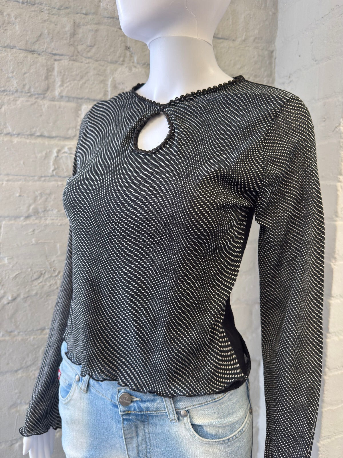 Y2K Black and White Mesh Long Sleeve Top with Keyhole Detail