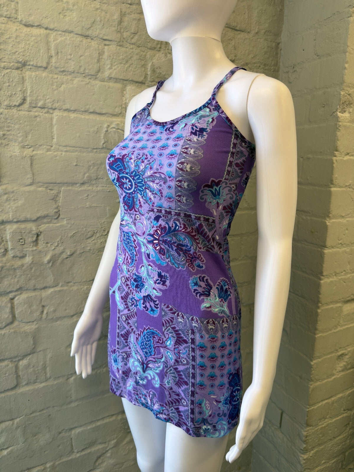 Purple Paisley Mini Dress with Spaghetti Straps