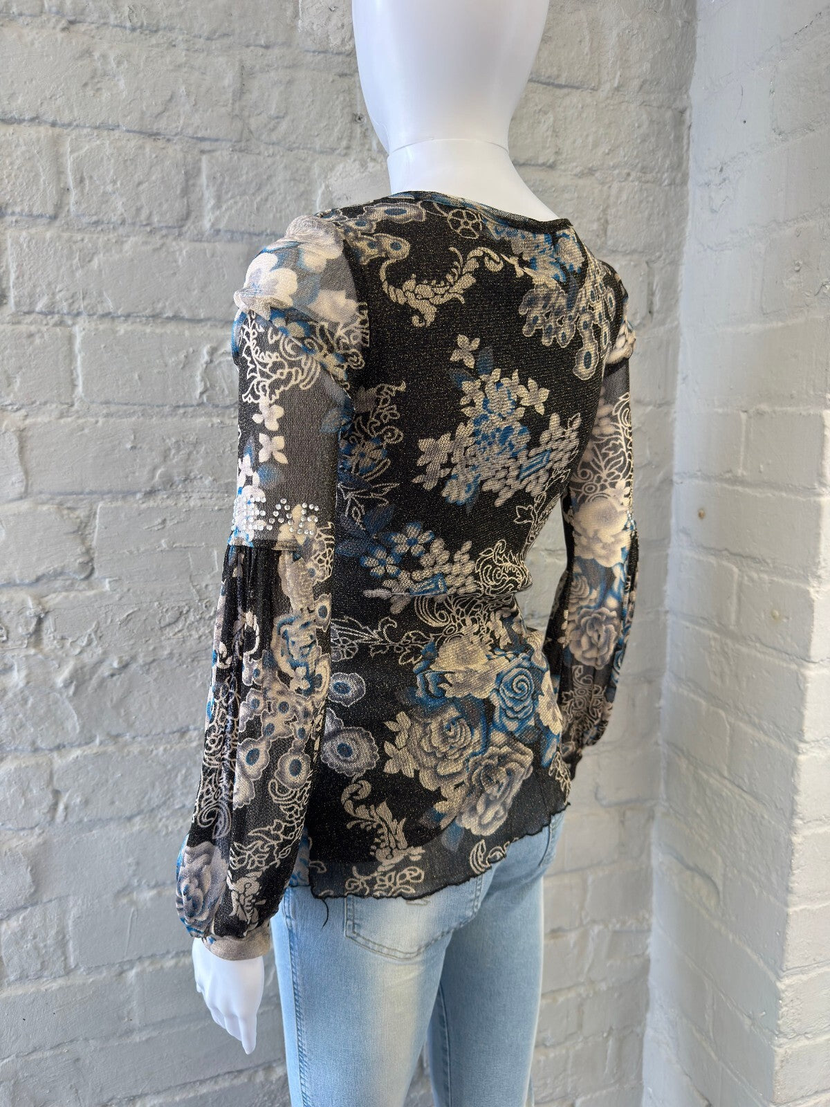 Y2K Floral Patterned Mesh Long Sleeve Top