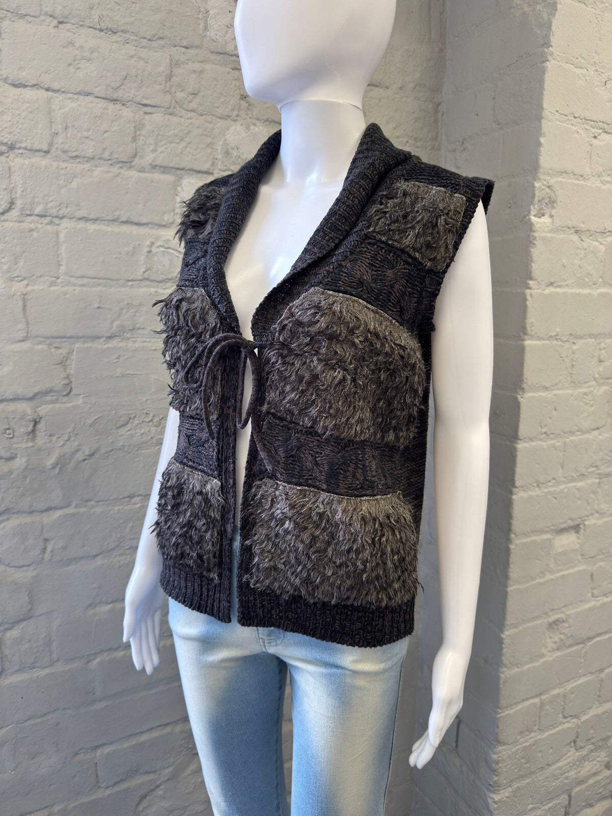Black and Grey Textured Knit Gilet with Tie Front
