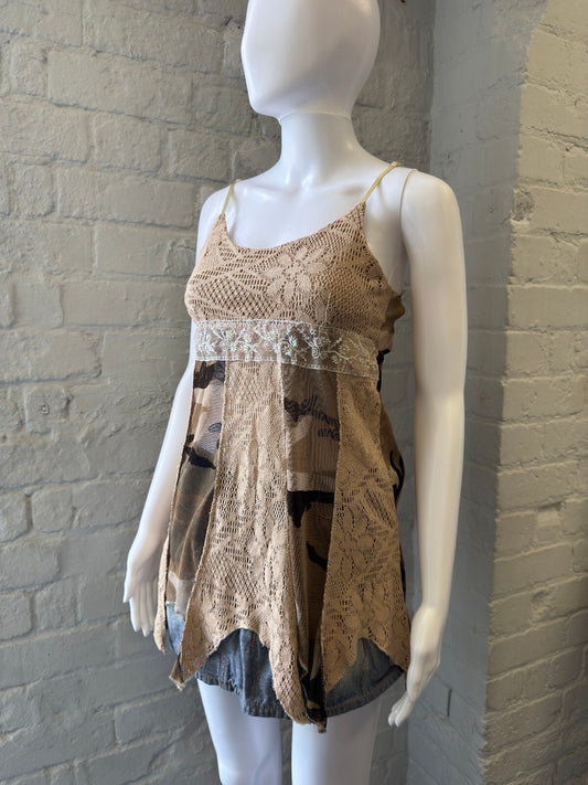 Beige Lace and Camouflage Pattern Spaghetti Strap Top