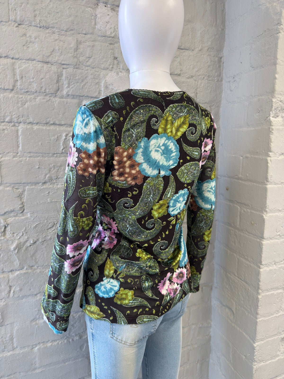 Y2K Floral Print Velvet Mesh Long Sleeve Top