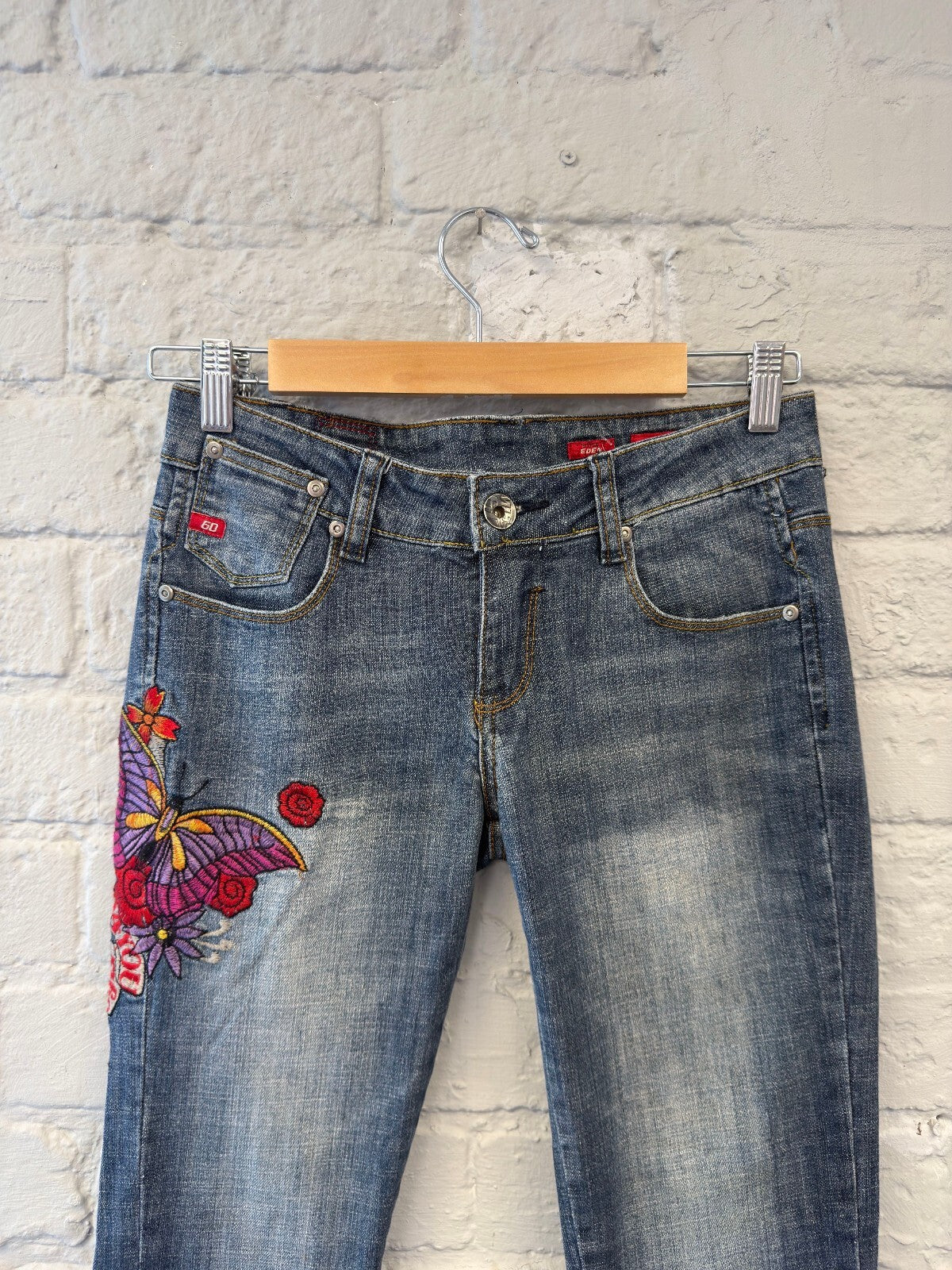 Miss Sixty Denim Capris with Embroidered Butterfly and Floral Design