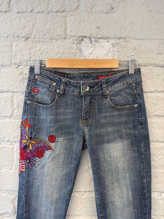 Miss Sixty Denim Capris with Embroidered Butterfly and Floral Design