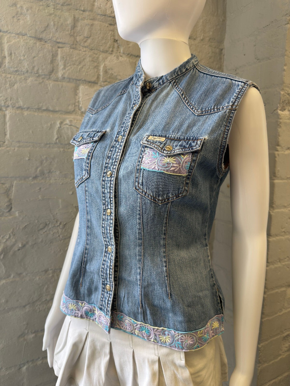 Big Star Sleeveless Denim Vest with Embroidered Trim