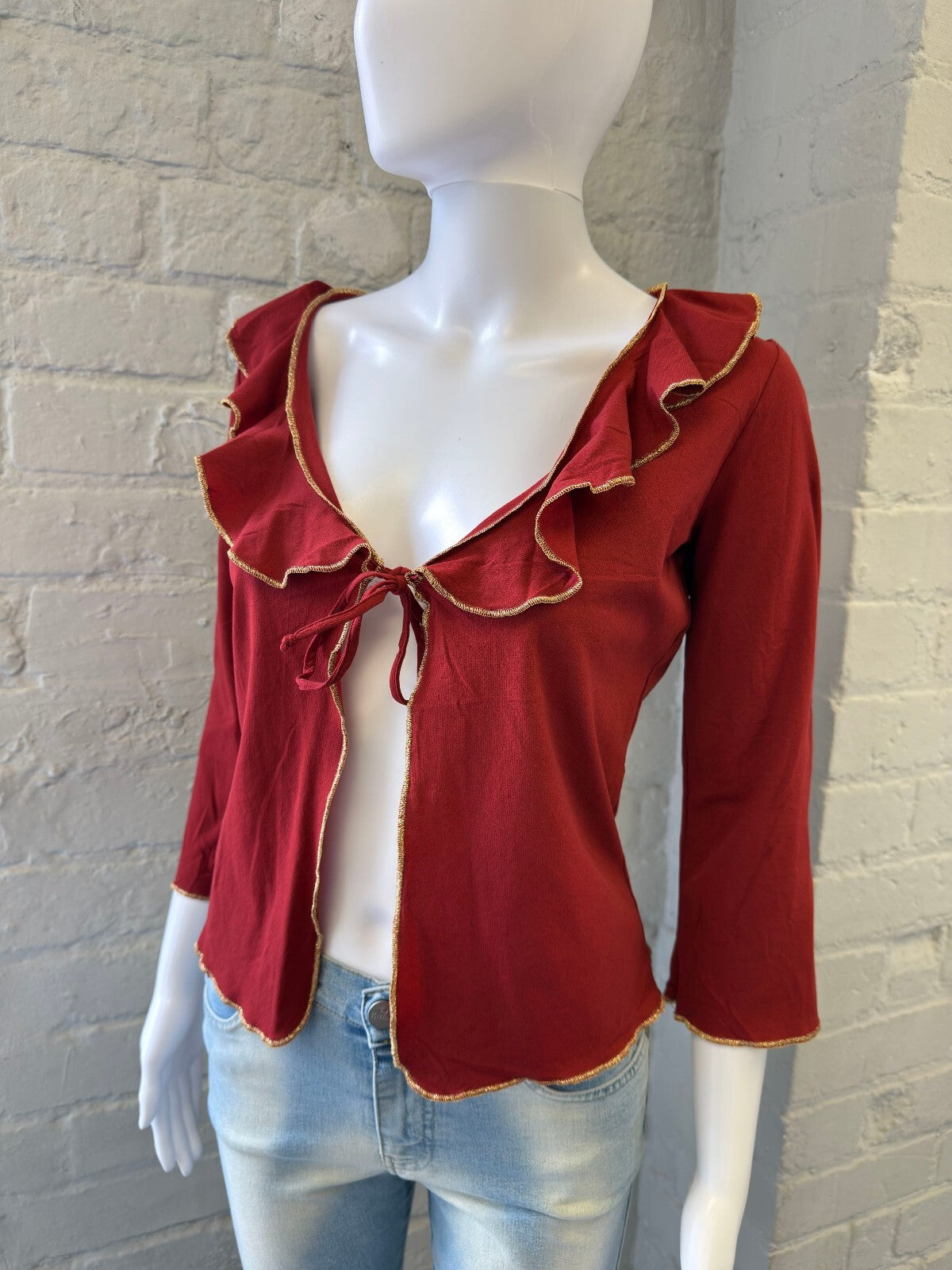 Red Mesh Ruffle Tie-Front Cardigan Top