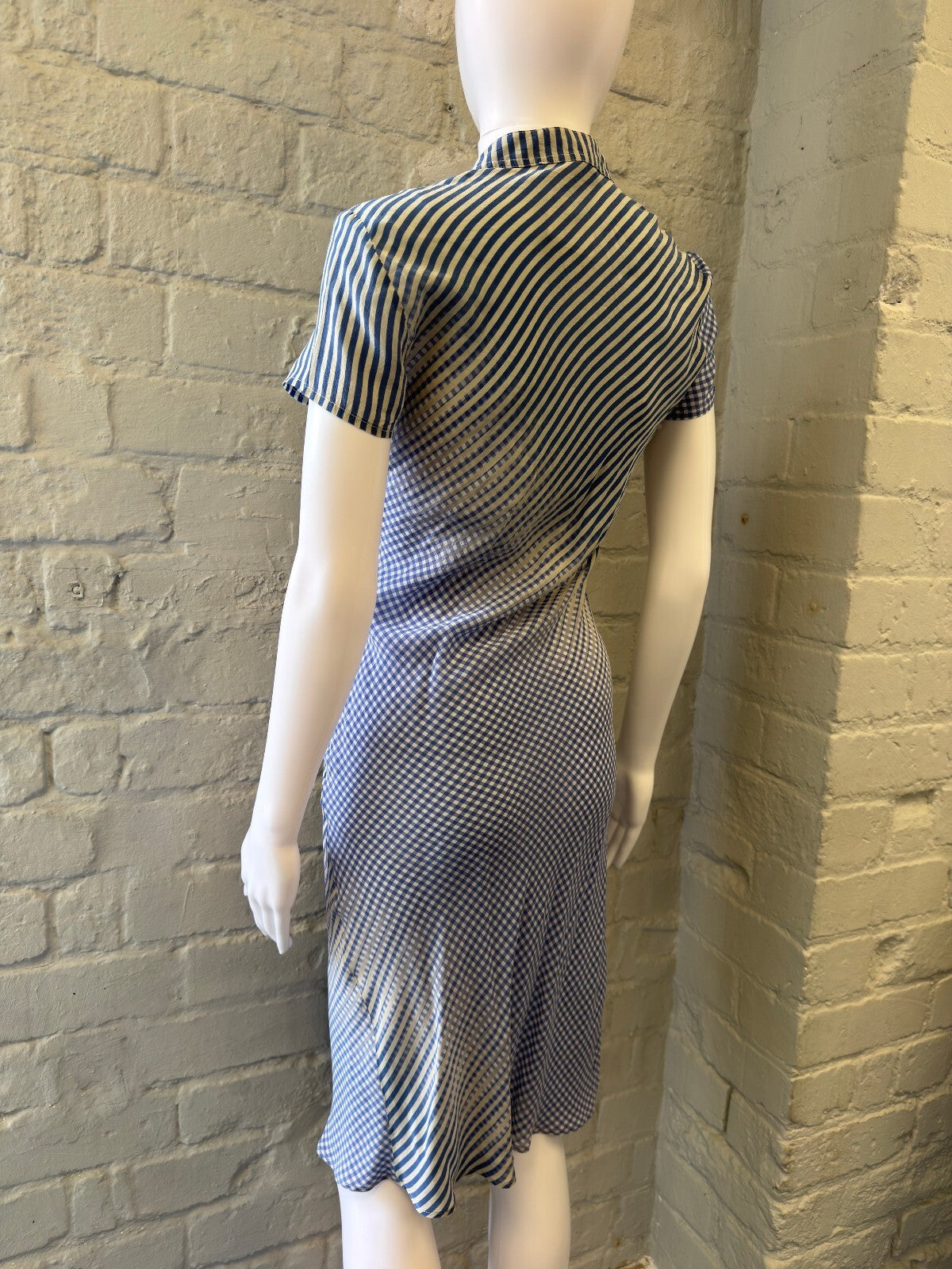 Silk Blue and White Striped V-Neck Midi Dress