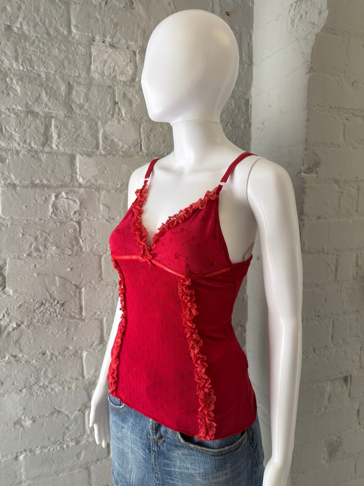 Red Anglais Lace Trim Camisole Top