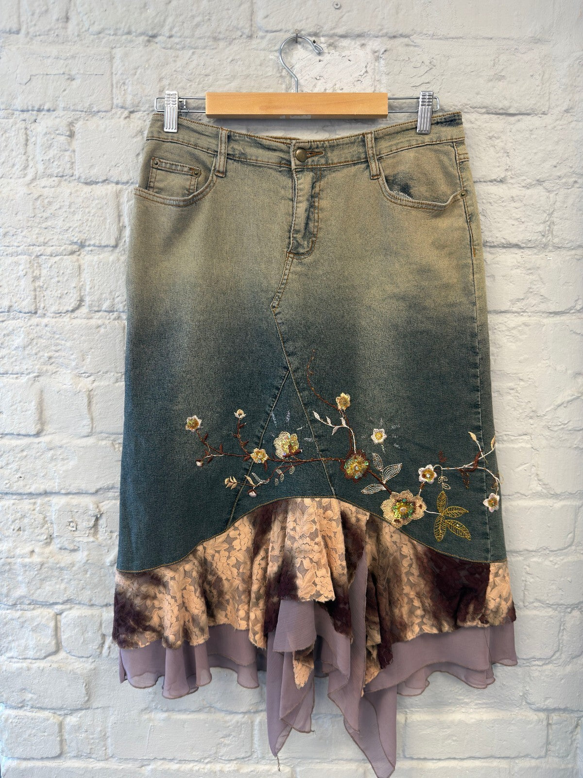 Fairy Embroidered Denim Skirt with Ruffle Hem