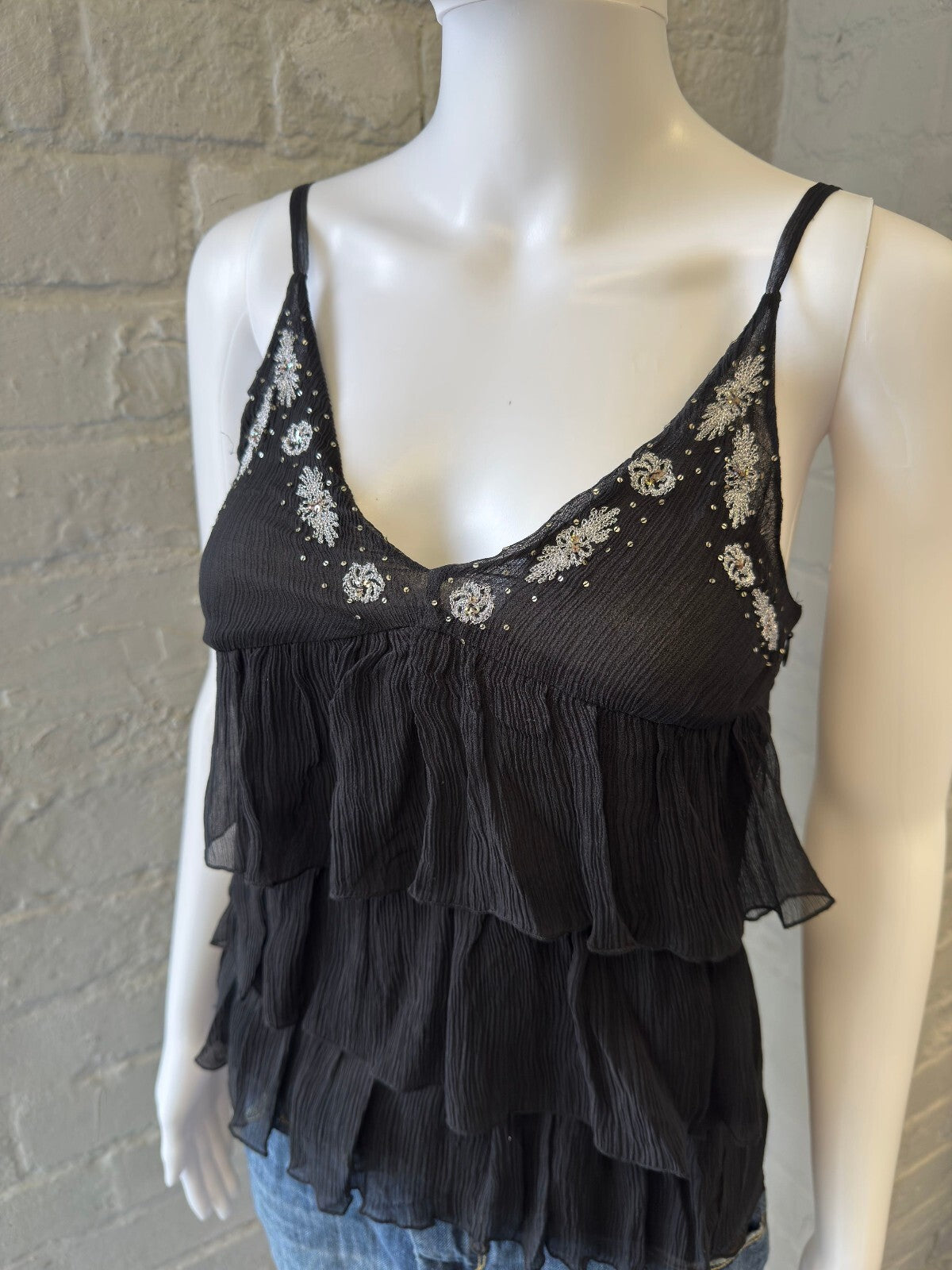 Black Tiered Ruffle Silk Top with Embroidered Floral Detail