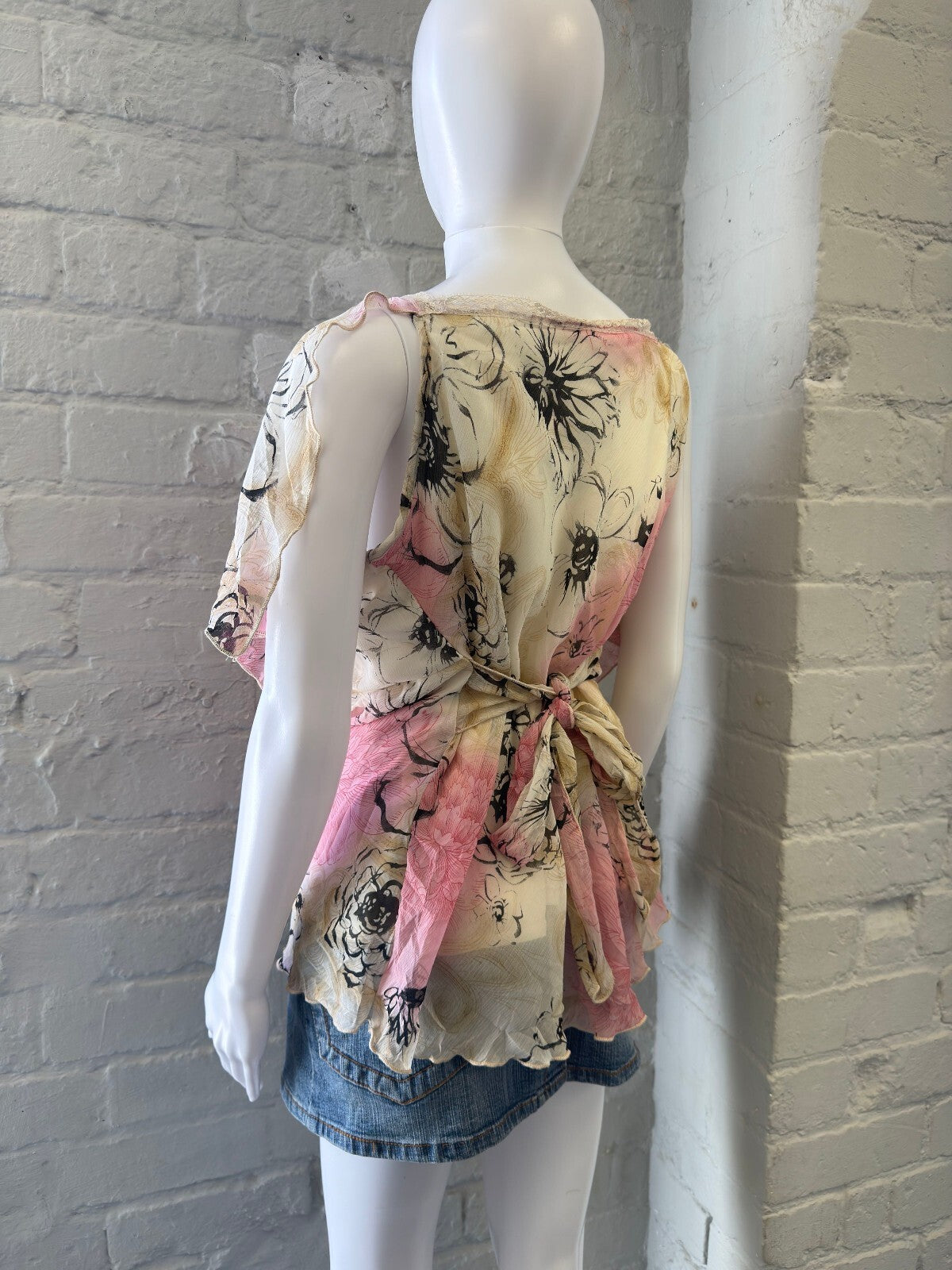 Floral Sheer Blouse with Tie Back in Pink and Cream