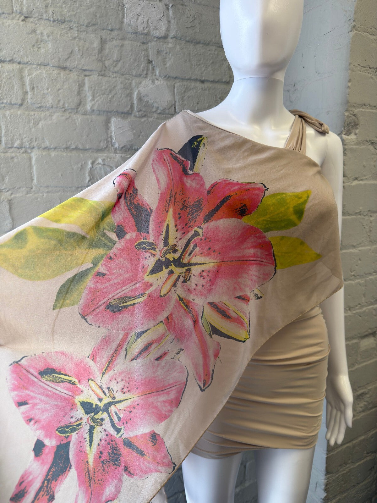 Asymmetrical Beige Mini Dress with Floral Overlay