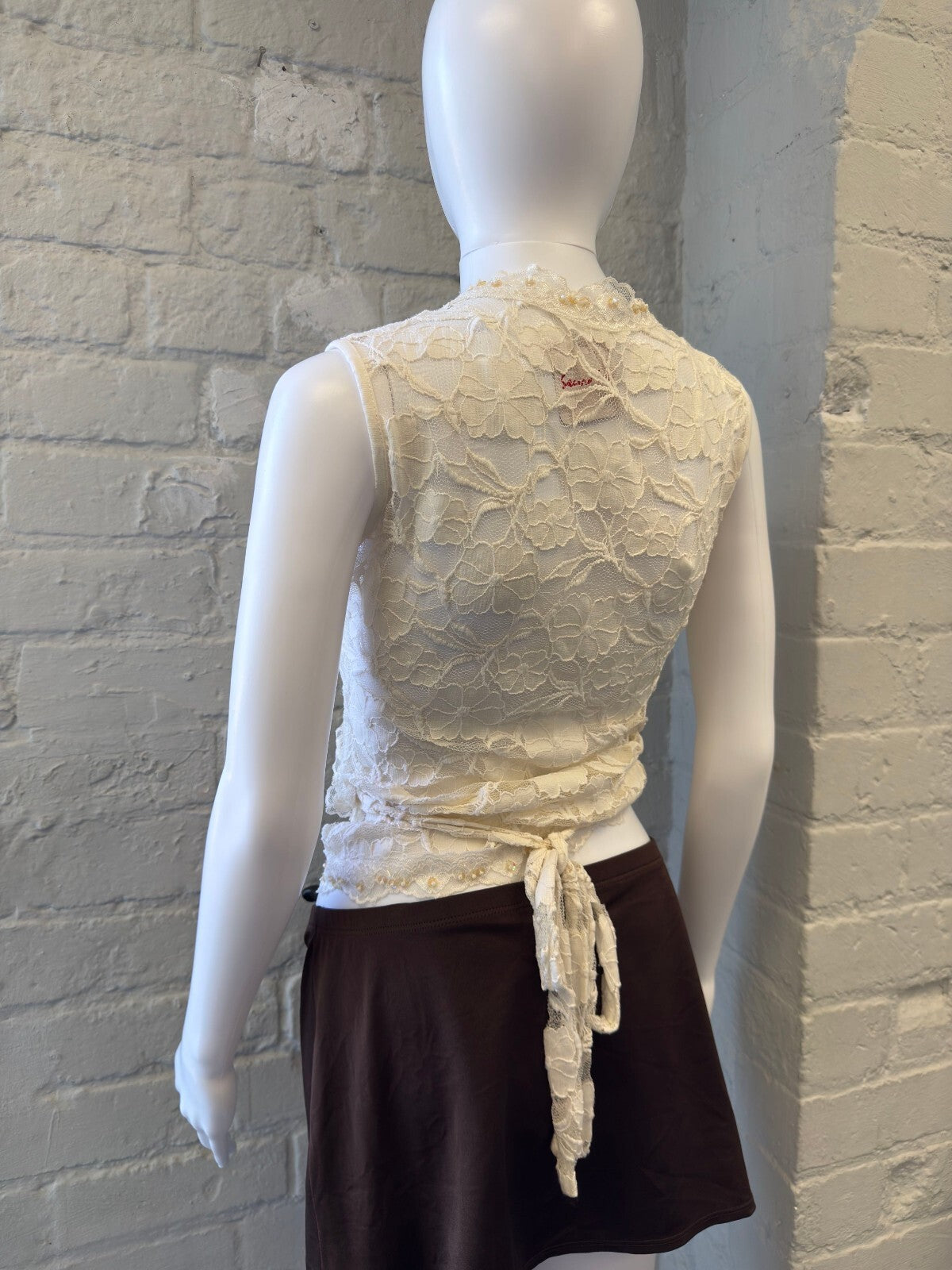 Cream Lace Sleeveless Wrap Top with Tie Back