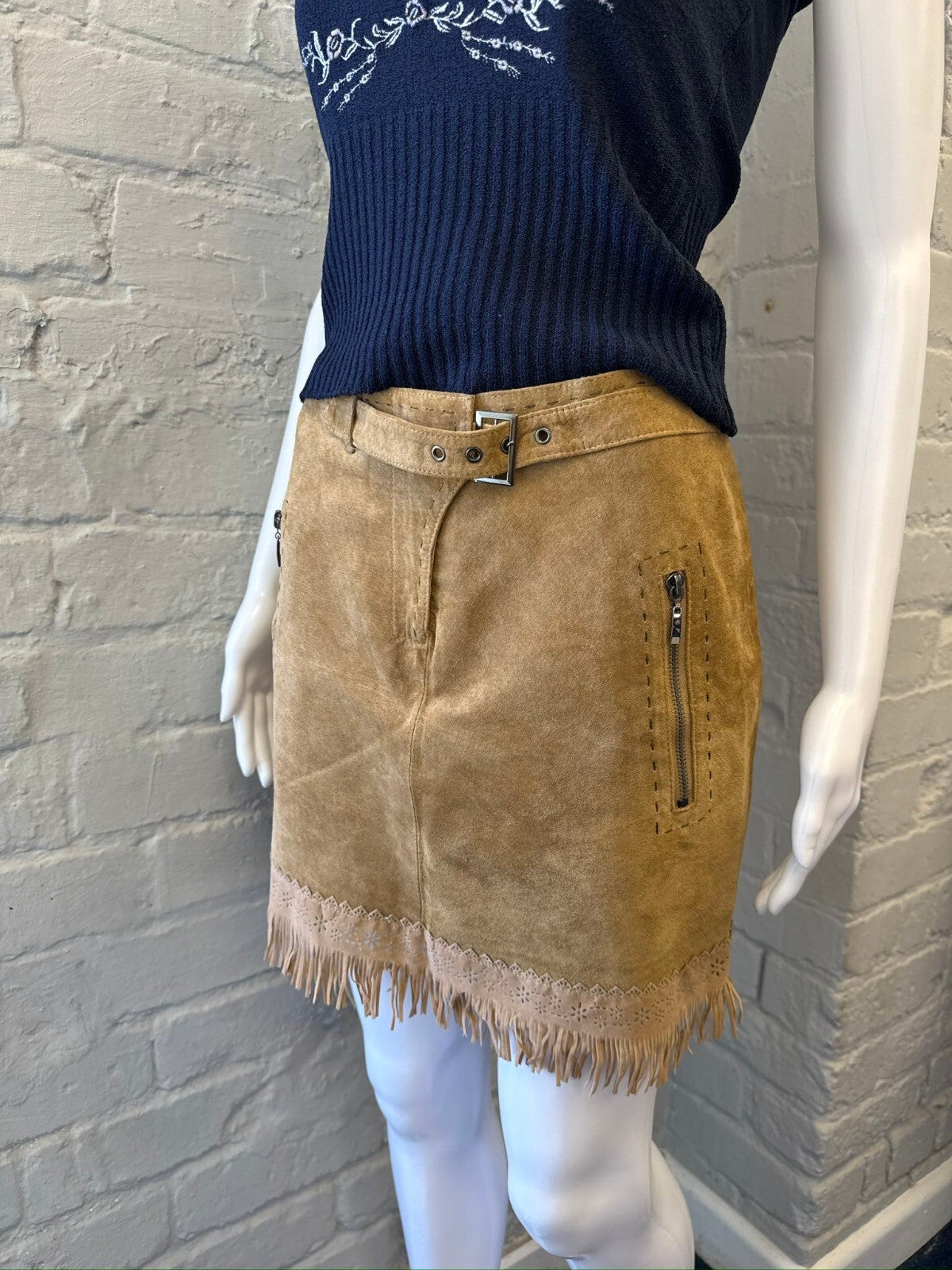 Tan Suede Mini Skirt with Fringe Hem and Belt Detail