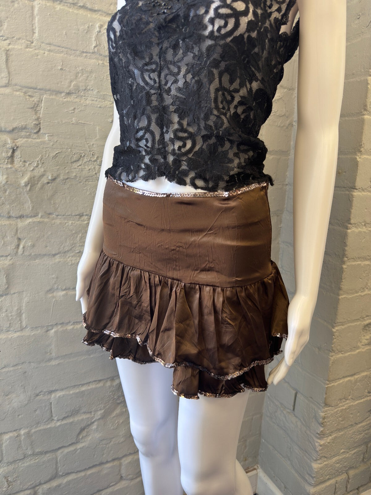 Brown Satin Ruffle Mini Skirt with Sequin Trim
