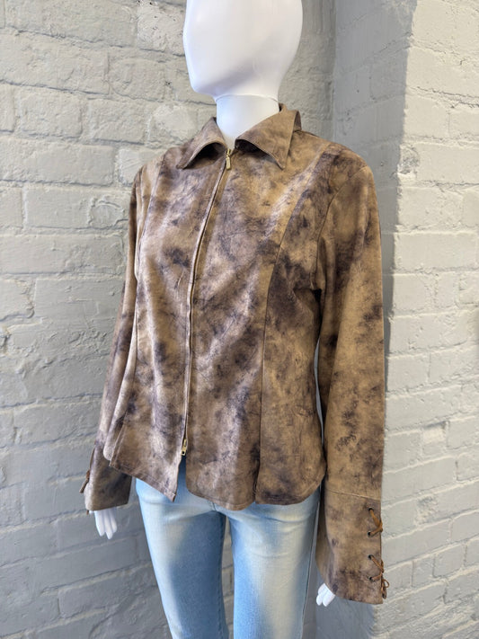 Vintage Brown Tie-Dye Faux Suede Jacket with Lace-Up Cuffs