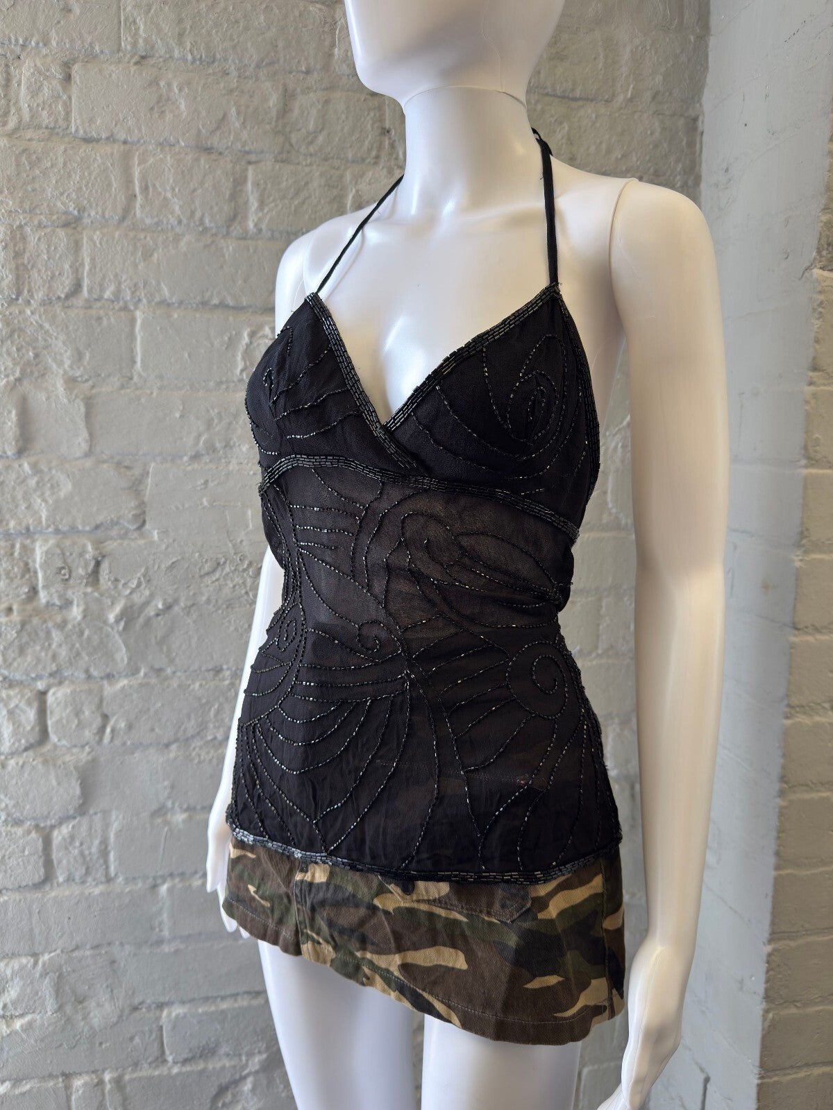 Morgan De Toi Black Beaded Halter Top