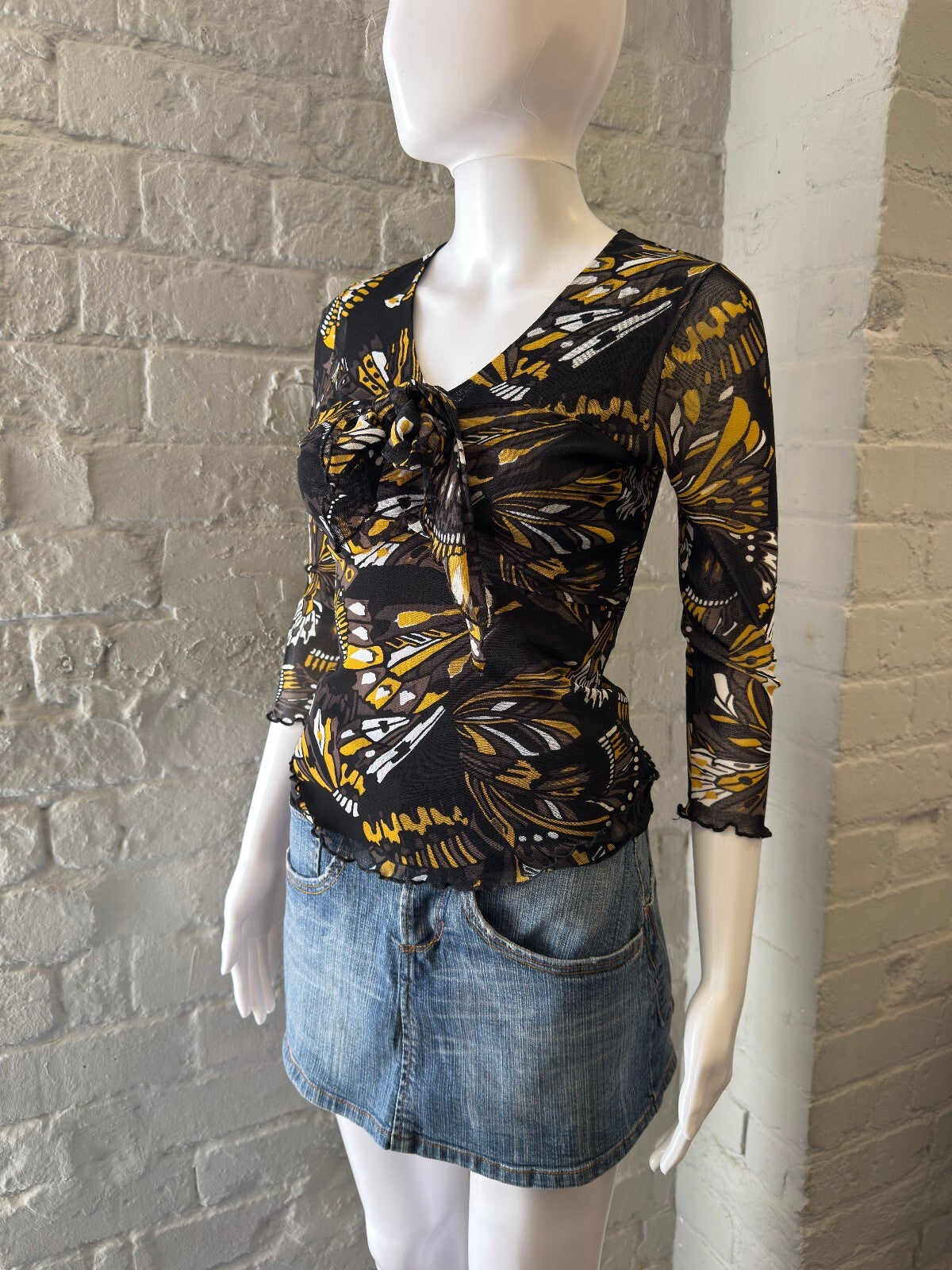 Sheer Butterfly Print Tie-Front Top with 3/4 Sleeves