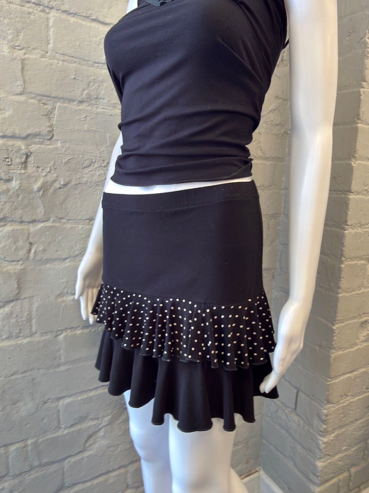 Black Two-Tier Ruffle Mini Skirt with Polka Dot Detail