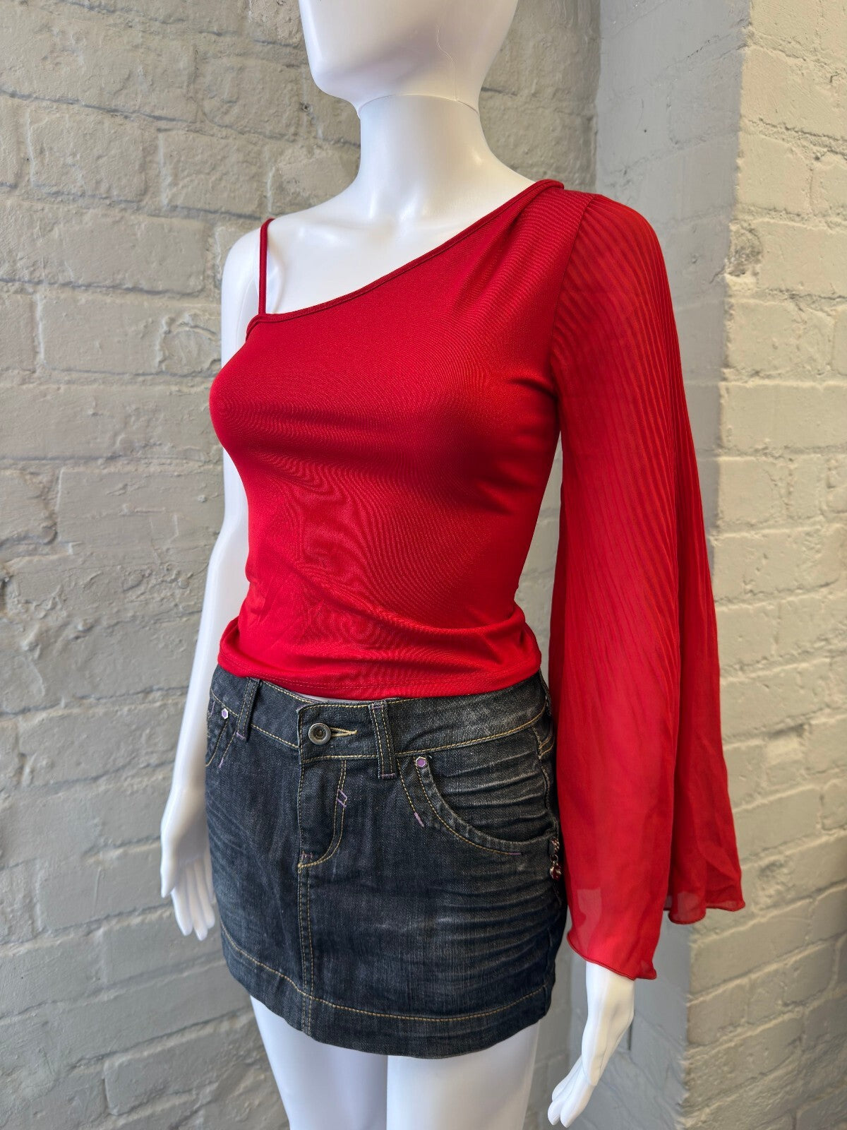 Red One-Shoulder Top with Sheer Long Sleeve
