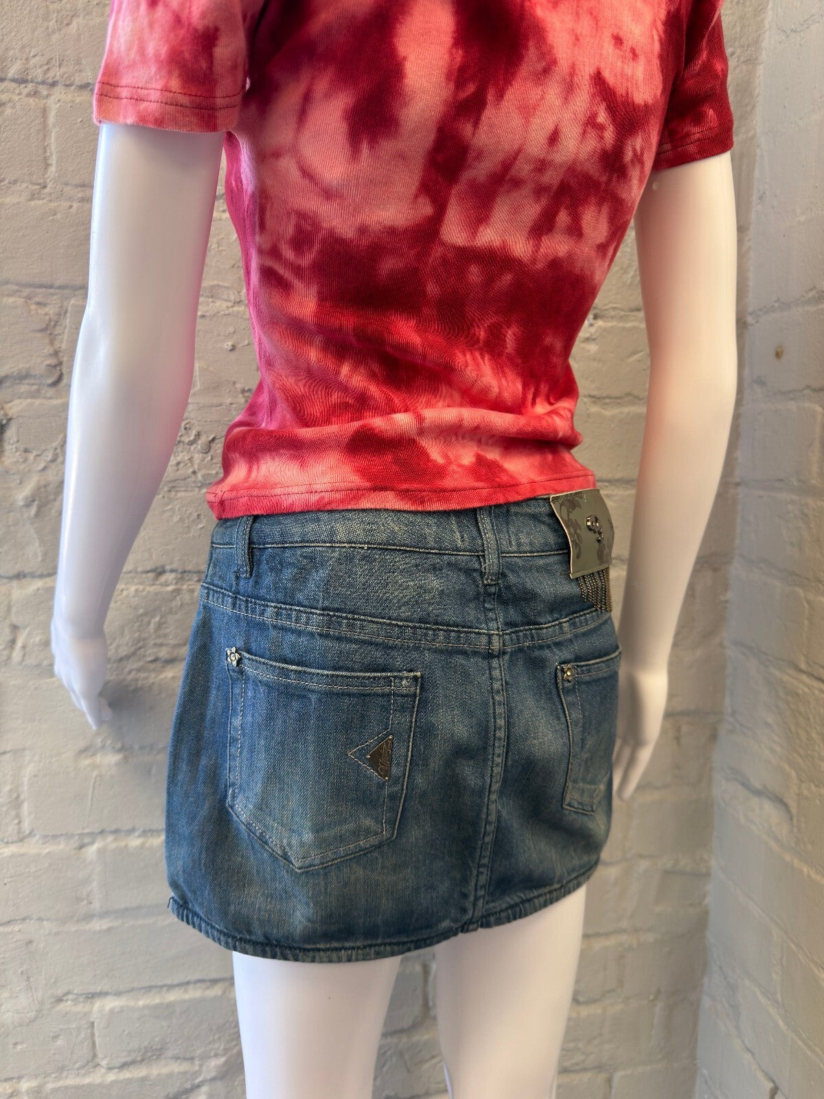Vintage Denim Mini Skirt with Embellished Floral Detail