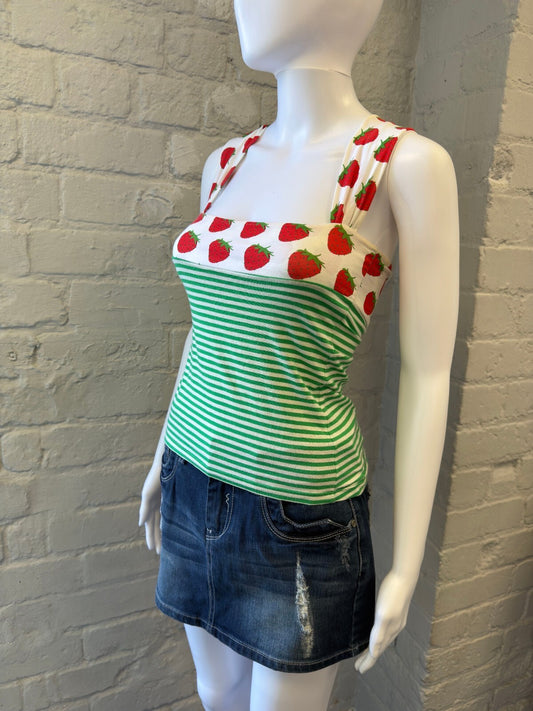 Green and White Striped Tank Top with Strawberry Print Straps