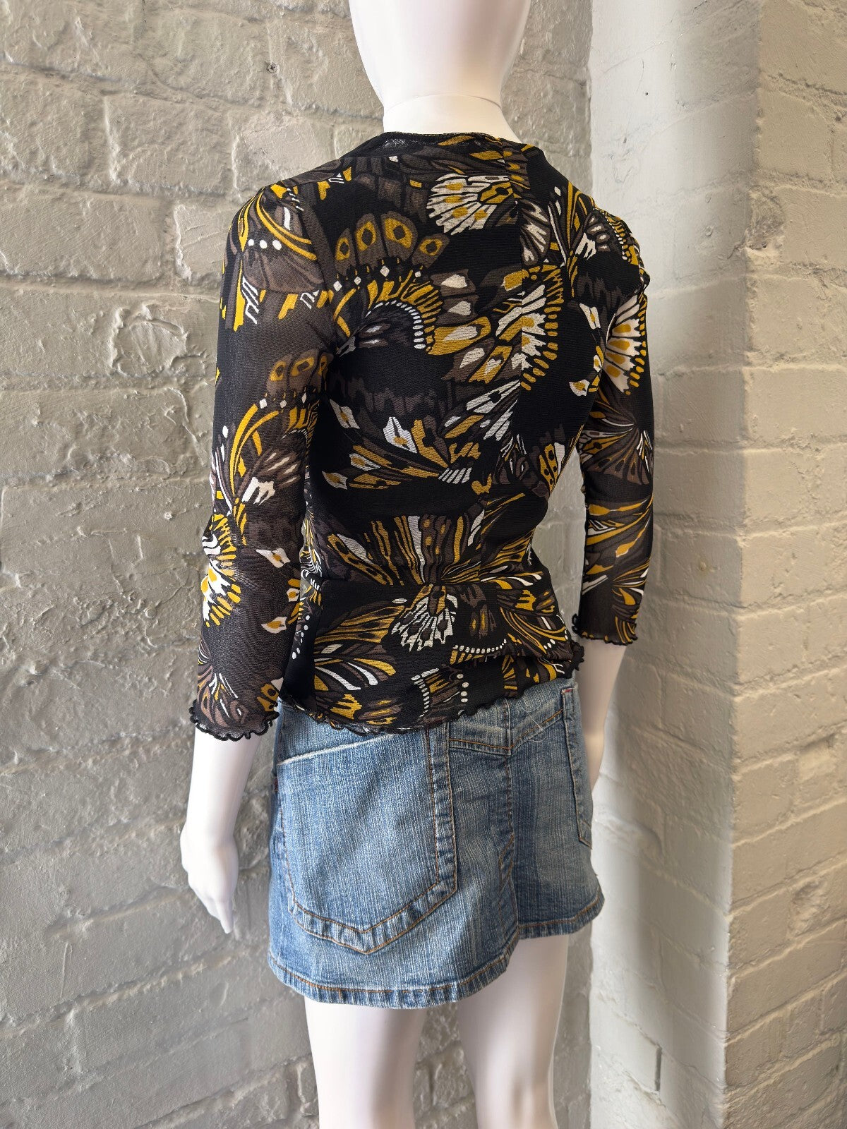 Sheer Butterfly Print Tie-Front Top with 3/4 Sleeves