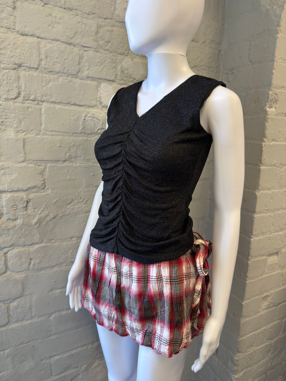 Orsay Red and White Plaid Mini Skirt with Side Tie