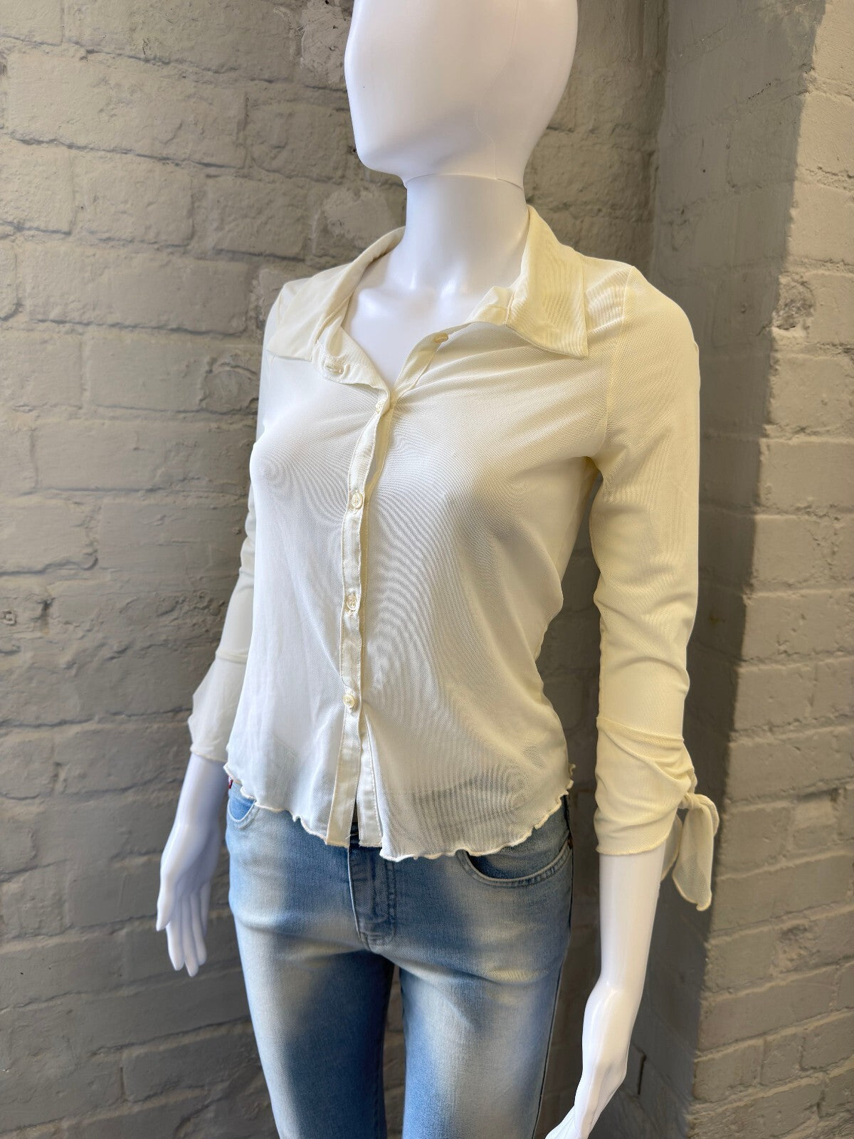 Pimkie Y2K Cream Button-Up Top with Tie Sleeves