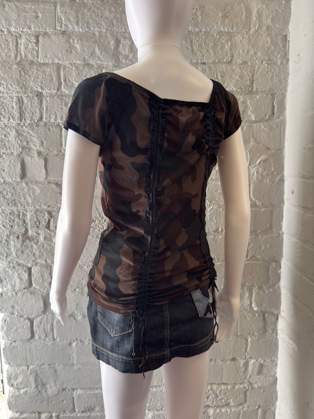 Brown Camouflage Short Sleeve Ruched Top