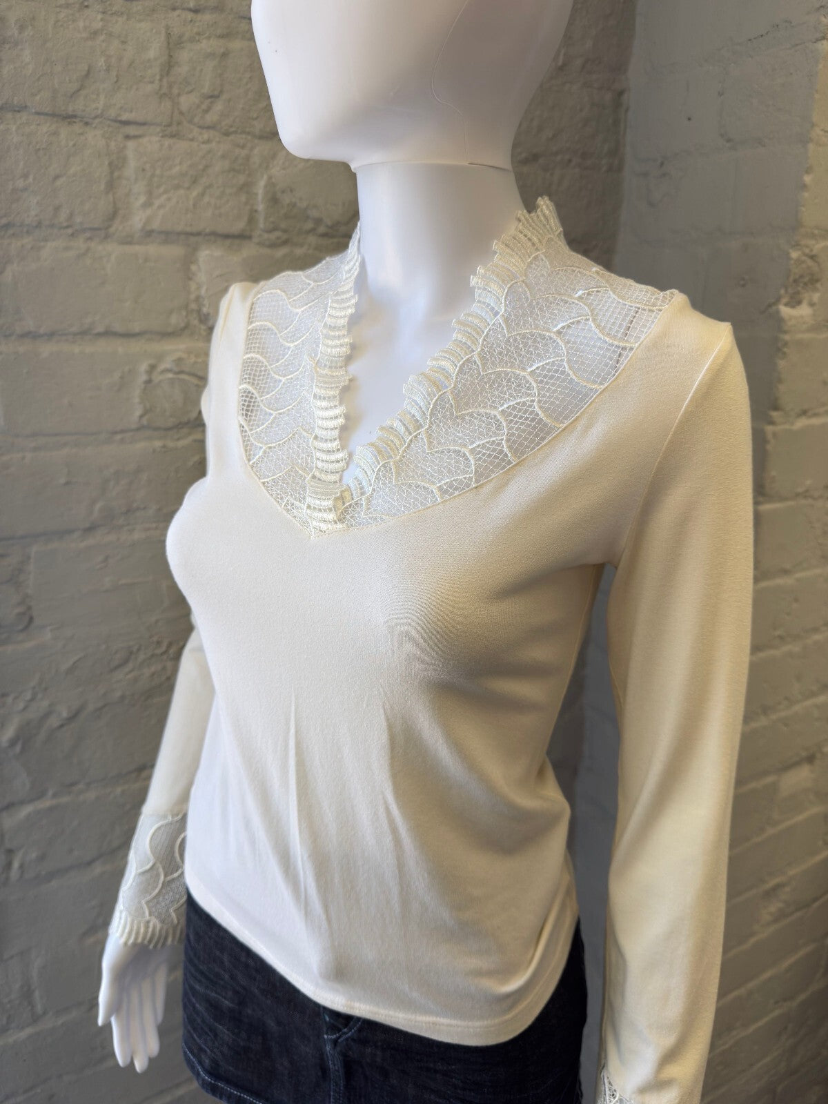 Cream Long Sleeve Top with Lace Trim Detail