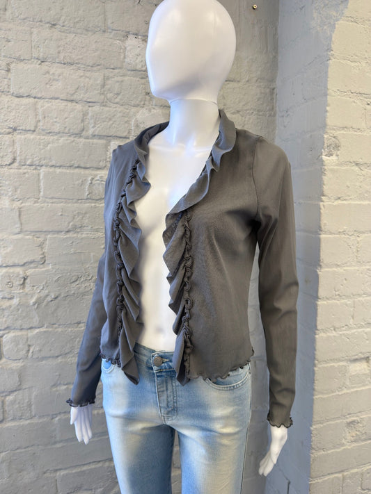 Italian Grey Mesh Ruffle Trim Cardigan
