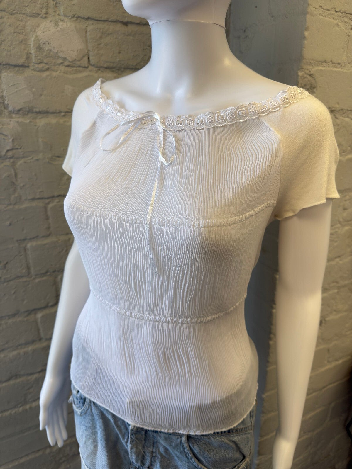 White Short Sleeve Sheer Blouse with Lace Trim and Ribbon Bow
