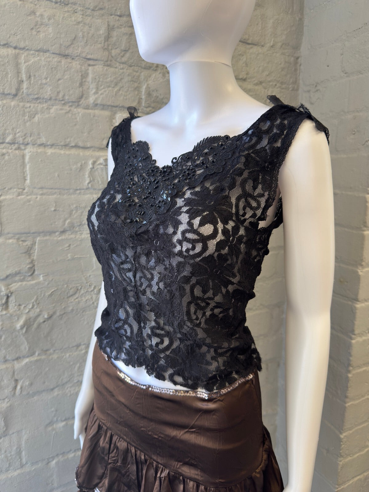 Black Lace Tank with Sequin Detail and Open Back