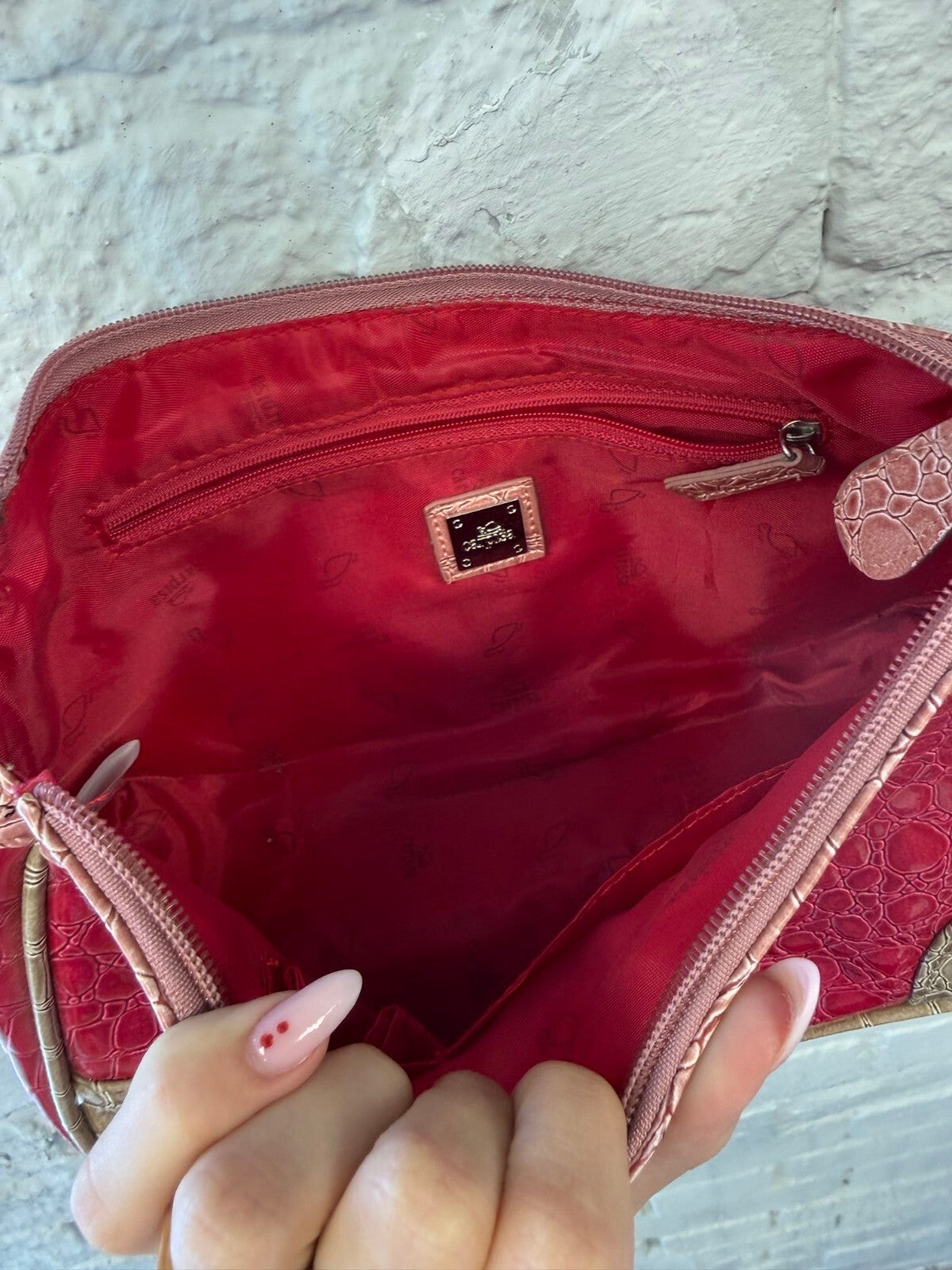 Pink and Beige Croc-Embossed Leather Shoulder Bag