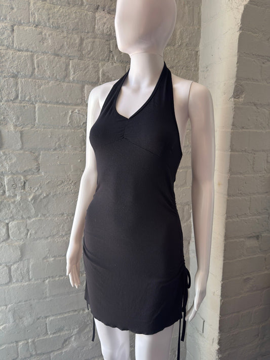 Black Halter Neck Mini Dress with Side Ruched Detail