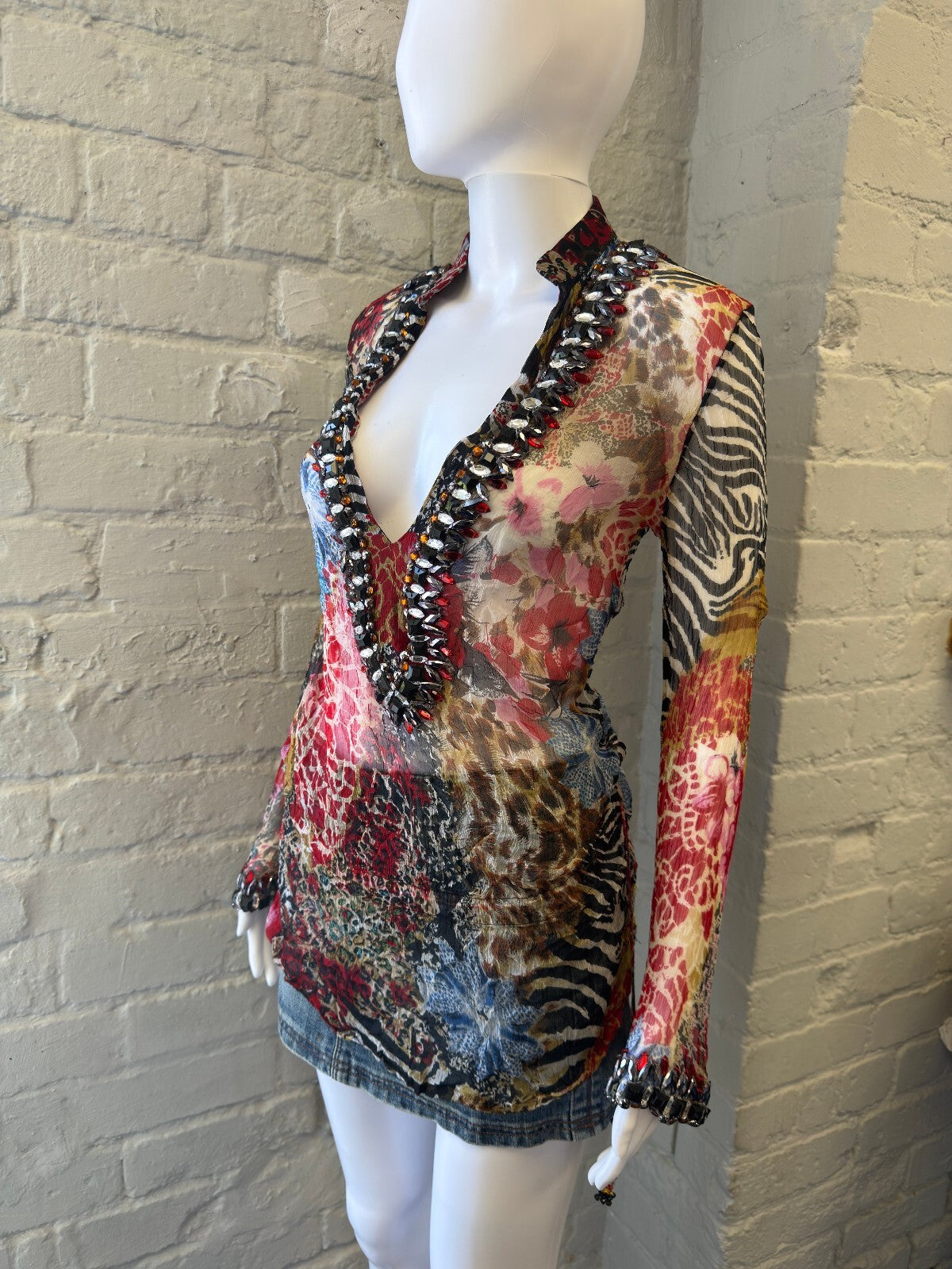 Embellished Sheer Animal Print Long Sleeve