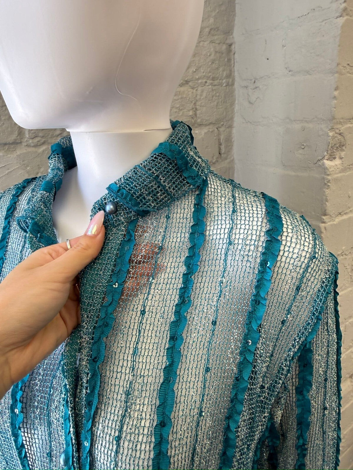 Teal Blue Sheer Striped Knit Long Sleeve Shirt