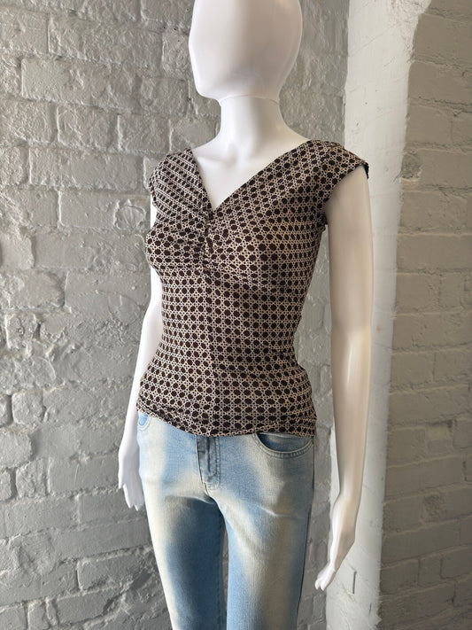 Y2K Brown and Cream Geometric Patterned Cap Sleeve Top